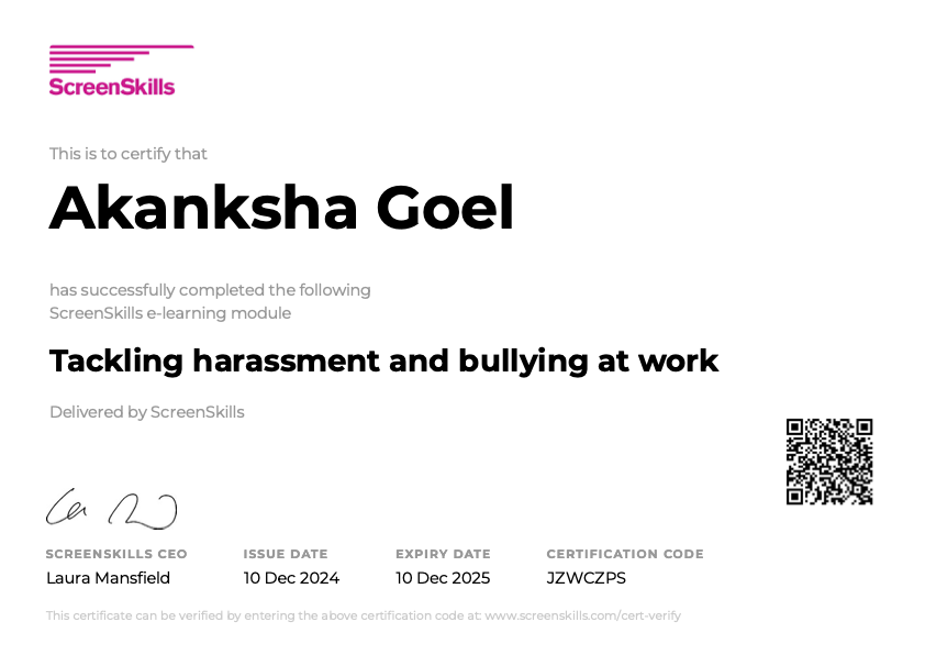 screenskills-cert-tackling-harassment-and-bullying-at-work-akanksha-goel